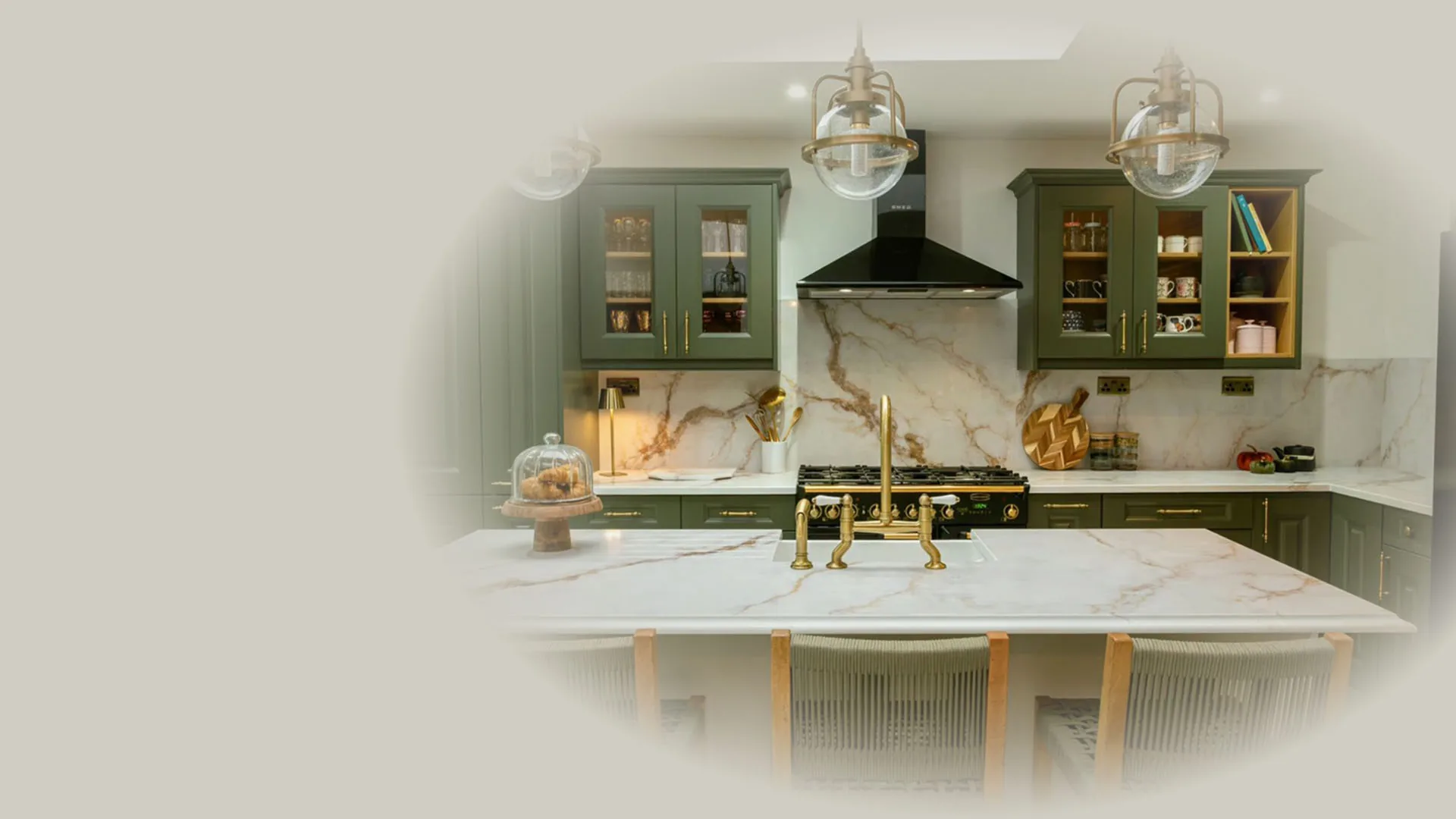 Stone worktop and island in a finished kitchen